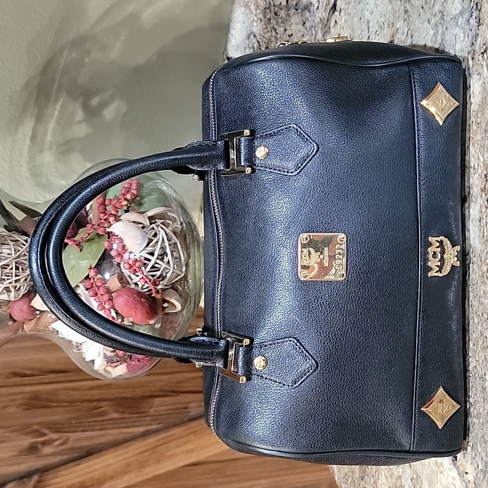 MCM EUC Leather Studded Small Heritage Boston Bag